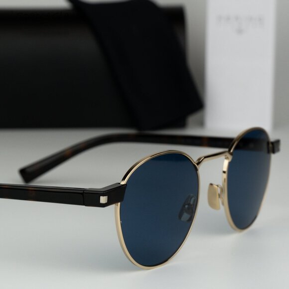 BRAND NEW Saint Laurent SL707 004 Gold Havana Blue Oval Unisex Sunglasses - Picture 5 of 10